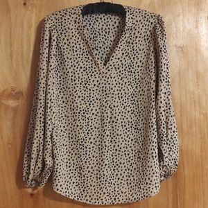 Womens V-Neck Animal Print Blouse Tan Black Lightweight Lantern Sleeves Size L